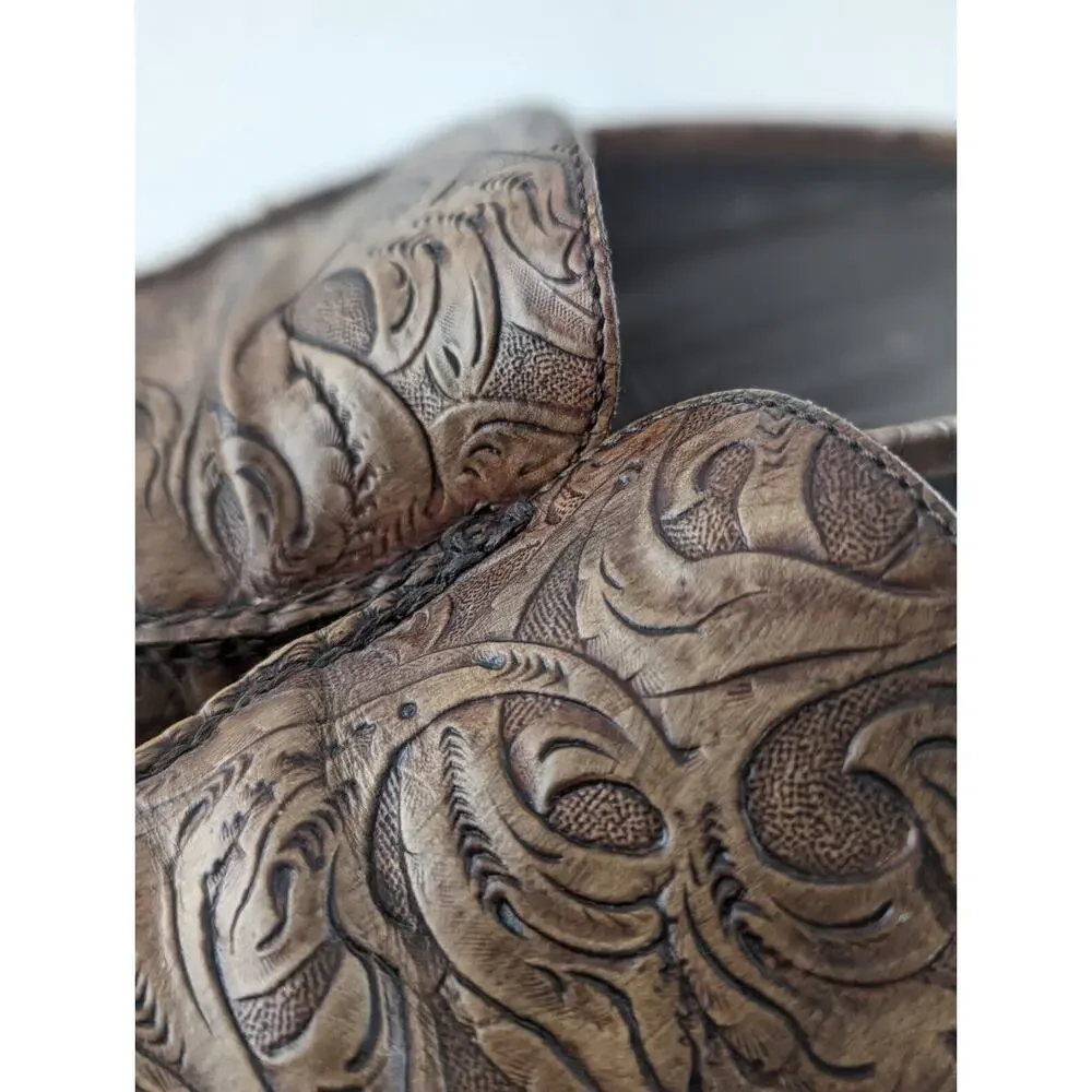 Cole Haan wmns 7B Slides Open Back Tooled Leather Brown Leather Soles Preowned